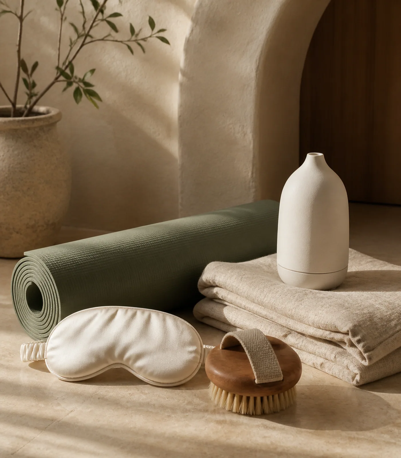 Lumisyla wellness objects arranged in a warm, sunlit interior